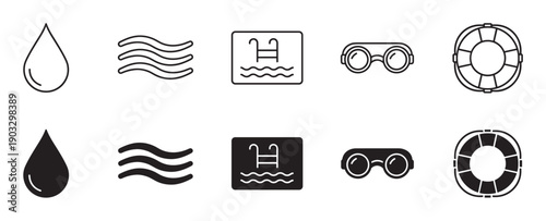 Swimming pool and water safety icons set presented in both outline and solid glyph styles, featuring a water drop, waves, pool sign, goggles, and a life preserver