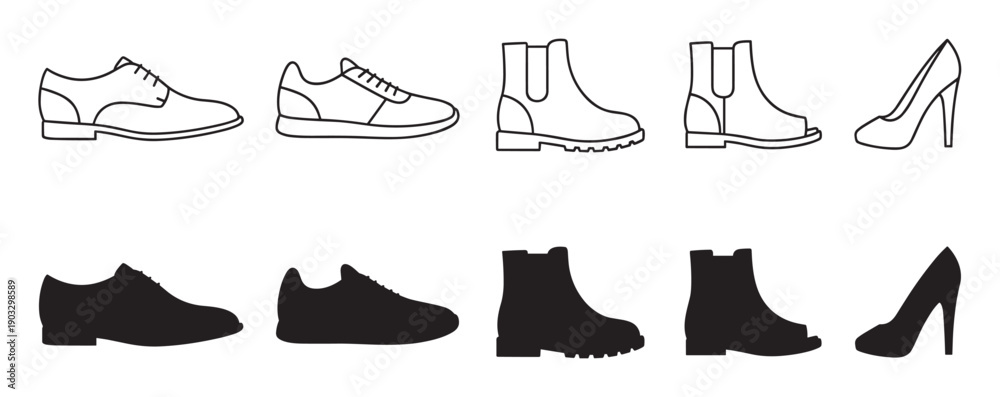 Fototapeta premium Collection of black footwear icons showing various shoe types in both outline and silhouette styles, including sneakers, boots, dress shoes, and high heels for men and women