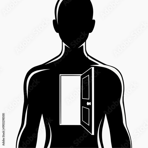 A dark silhouette of a man with an open door in his chest a symbolic depiction silhouette