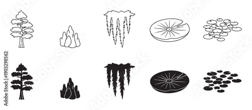 Black and white swamp plant icon set featuring a cypress tree, hanging moss, and water lilies, presented in both clean line art and solid black silhouette versions