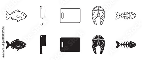 Set of black fish icons showing a whole fish, cleaver, cutting board, steak, and skeleton in both line art and solid glyph styles for culinary and seafood concepts