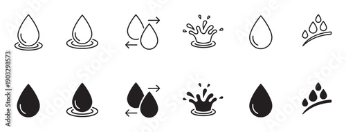 Water drop and liquid splash icon set with various simple graphic symbols for moisture, rain, and oil, featuring both outline and solid glyph styles for web and app design