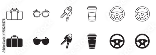 Set of black travel and driving icons including a bag, sunglasses, keys, coffee, and steering wheel shown in both outline and solid silhouette styles for graphic design
