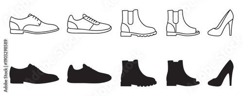 Collection of black footwear icons showing various shoe types in both outline and silhouette styles, including sneakers, boots, dress shoes, and high heels for men and women