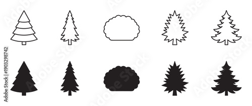Collection of black tree icons showing various stylized evergreen and deciduous shapes in both simple outline and solid silhouette vector graphic styles for design elements