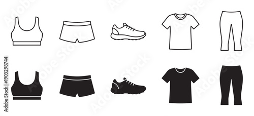 Fitness clothing and activewear icon set with a sports bra, shorts, sneaker, t-shirt, and leggings shown as simple line art outlines and solid black glyph silhouettes