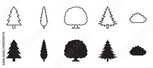 Ten simple black tree and bush icons presented in two graphic styles, a thin line outline and a solid filled silhouette, showing various types of foliage like pine, spruce, and oak