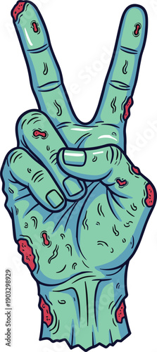 Creepy Blue Zombie Hand Showing Peace Or Victory Sign With Tattered Flesh And Open Wounds For Halloween Horror Design Vector Illustration