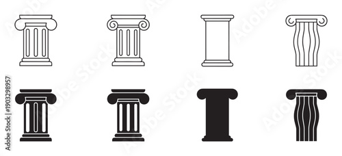 Set of black ancient column icons featuring various classical architectural pillar styles presented as minimalist line art and solid black silhouettes