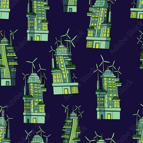 Seamless pattern of futuristic eco-friendly skyscrapers with wind turbines and green roofs on a dark background