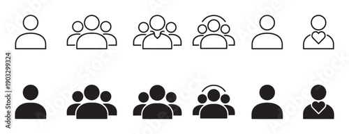 Set of black user icons in thin line and solid glyph styles for web design, including symbols for a single person, group, team, community, and a favorite user with a heart
