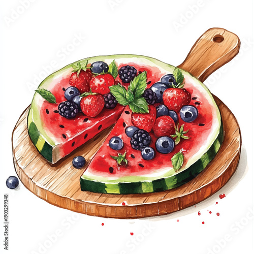 Watermelon fruit pizza with berries and mint.