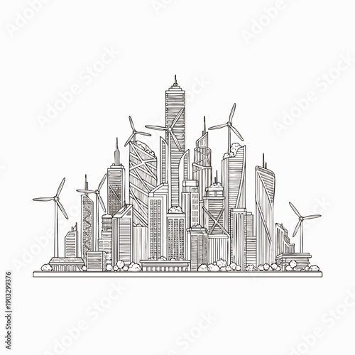 Hand-drawn illustration of a modern smart city skyline with skyscrapers and wind turbines, symbolizing sustainable urban development and green energy solutions.