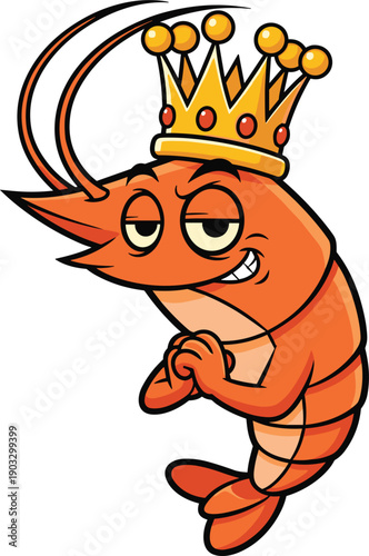 Funny Cartoon Shrimp King Mascot Character Wearing Gold Crown And Giving A Cunning Smirk For Seafood Branding Vector Illustration