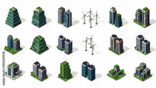 Isometric pixel art city buildings and wind turbines collection. Sustainable urban architecture for smart city development and game design assets.