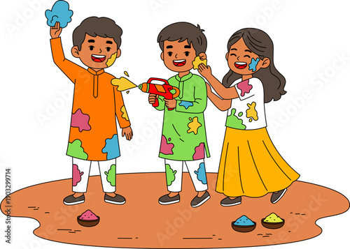 Illustration of A groups of children frolic in water fights and throw handfuls of colored powder at each other for Holi Indian Festival.