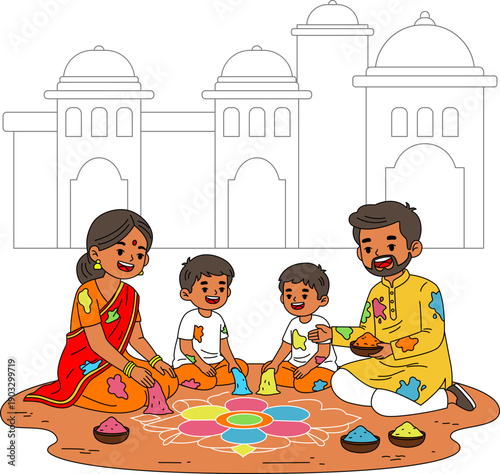 Illustration of A family sitting in a garden or open area, spreading Rangoli patterns for Holi Indian Festival.