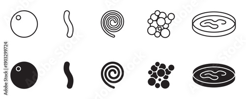 Bacteria shapes and forms icon set showing different types of microorganisms like coccus, bacillus, and spirillum in a petri dish, presented in line art and solid glyph styles
