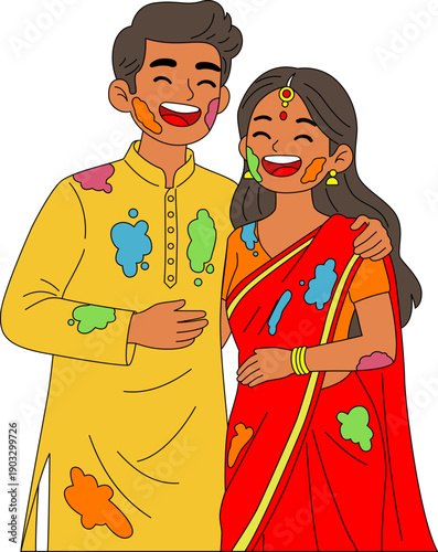 Illustration of A happy young couple, their faces and clothes covered in vibrant pink, yellow, and blue dry colors for Holi Indian Festival.