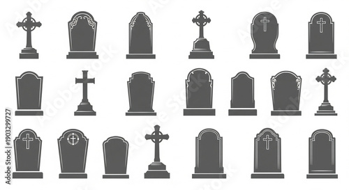 Canvas Print :
Decorative gray cemetery headstone silhouette vector collection