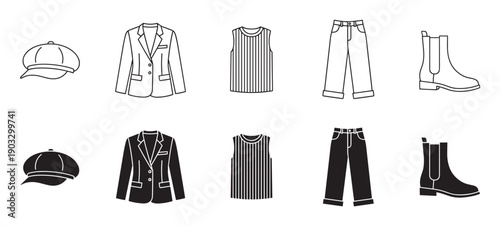 Set of women's fashion clothing icons featuring a newsboy cap, blazer, striped top, jeans, and boots presented in two distinct styles: simple line art and solid black silhouette