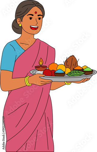 Illustration of A woman carrying offerings for ritual for Holi Indian Festival.
