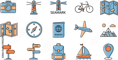Flat Travel and Navigation Icon Set with Camera Lighthouse Bicycle Map Airplane Backpack and Adventure Symbols