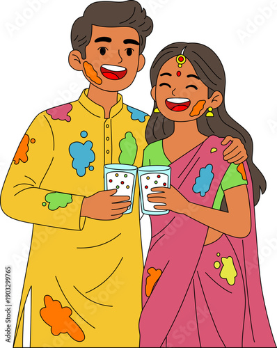 Illustration of A man and woman toasting each other with glasses of Thandai for Holi Indian Festival.