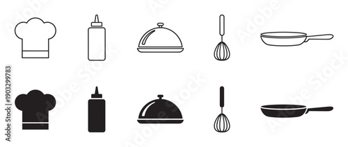 Collection of kitchen and restaurant vector icons featuring a toque, squeeze bottle, serving dome, whisk, and skillet, shown as simple line art and filled black silhouettes