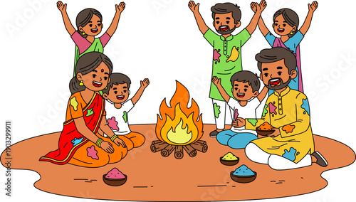 Illustration of People surrounding a bonfire for Holi Indian Festival.