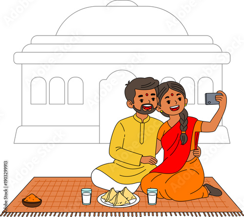 Illustration of Woman and man taking selfie togheter for Holi Indian Festival.