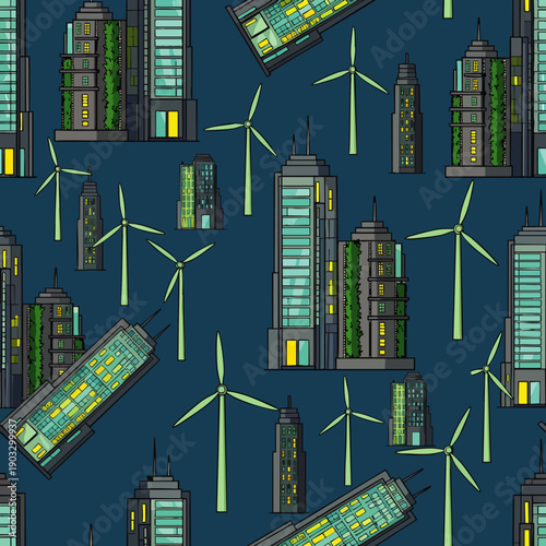 Seamless pattern: modern green city buildings, wind turbines. Sustainable urban development, eco-friendly architecture, renewable energy, smart city design.