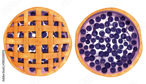 Homemade blueberry pie set, tart top view whole with yogurt or cream an blueberry round bakery, dessert top view in cartoon style isolated on white background.