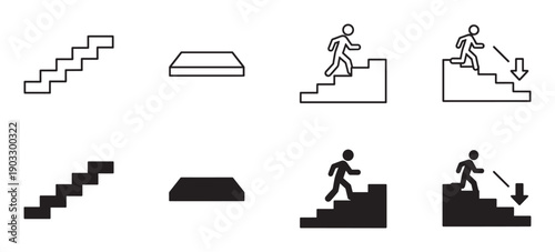 Collection of black stair and step icons in both outline and solid fill styles, showing a stick figure walking upstairs and downstairs with a directional arrow for signage