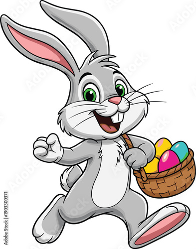Happy Cartoon Easter Bunny Mascot Character Running And Carrying A Basket Full Of Colorful Painted Eggs Vector Illustration Isolated On White Background