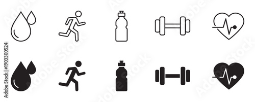 Set of black fitness and health icons in two styles, outline and solid silhouette, representing running, hydration, a water bottle, weightlifting, and a heartbeat cardiogram