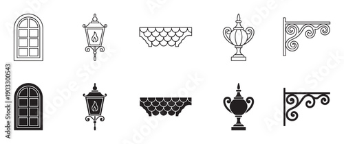 Set of vintage architectural element icons featuring a window, lantern, roof tiles, urn, and bracket, presented as both simple line art and black solid silhouette shapes
