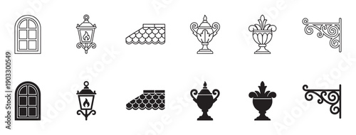 Collection of black architectural element icons showing a window, lantern, roof tile, urn, and bracket in both outline and solid silhouette graphic styles for design