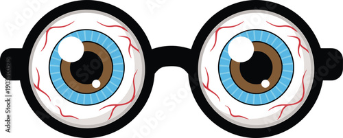 Funny eyeball glasses illustration in flat style. Cartoon eyes inside round spectacles with veins. Creative vector design for humor graphics, stickers, and quirky concepts.