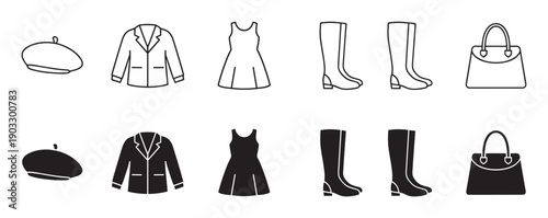Set of women's fashion icons showing a beret, jacket, dress, boots, and handbag in two styles, a simple black outline and a corresponding solid silhouette for graphic design