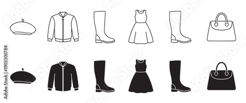 Collection of women's fashion icons showing a beret, jacket, boots, dress, and handbag in two styles, a simple black outline and a solid filled silhouette for design