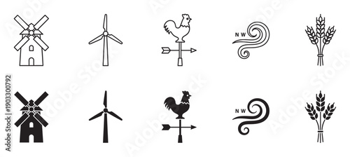 Collection of black wind and farm icons in outline and silhouette styles, featuring a windmill, turbine, rooster weathervane, wheat sheaf, and a weather symbol