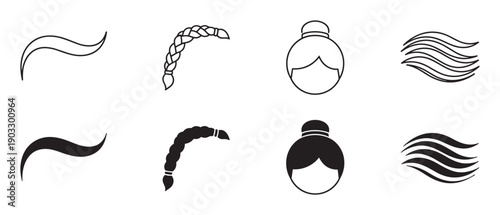 Set of black hair style icons showing a braid, bun, wavy strand, and hair flow in both outline and solid silhouette vector graphic styles for beauty and salon concepts
