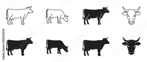 Collection of cow and bull icons in various poses, including standing and grazing, presented in both minimalist black silhouette and simple line art styles for graphic design elements