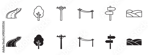 Set of black countryside landscape icons in two styles, line art and solid glyph, showing a road, tree, utility pole, signpost, and rolling hills for travel concepts