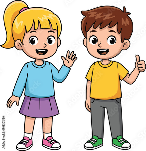 Image Title Cheerful Cartoon Boy And Girl Mascot Characters Standing Together Smiling Waving And Giving A Thumbs Up For Education And Friendship Concept Vector Illustration