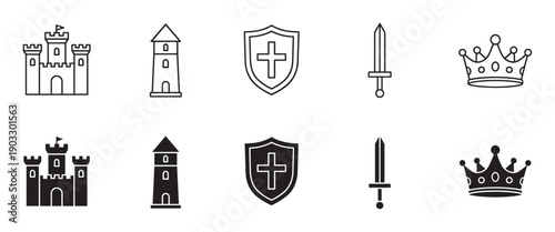 Medieval kingdom icon set with castle, tower, shield, sword, and crown in two styles, line art outline and solid black glyph silhouette for graphic design elements