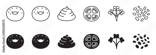 Versatile set of minimalist food icons in black, shown as both line art and solid silhouettes, featuring a sprinkled donut, poop, a tomato slice, a herb sprig, and seeds