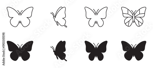 Set of black butterfly icons in minimalist outline and solid silhouette styles, a collection of simple insect shapes shown from top and side views for graphic design