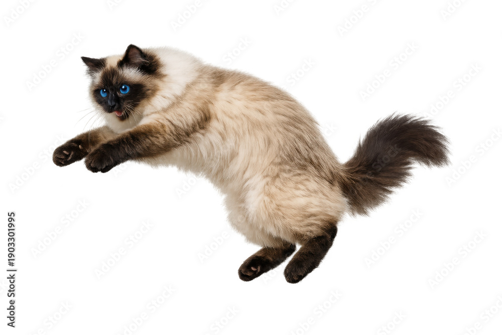 Obraz premium Birman cat with seal point markings and blue eyes enthusiastically jumping or pouncing. Transparent background